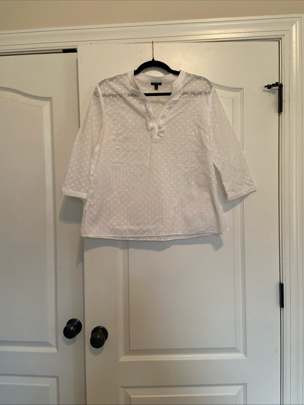 Talbots White Swiss Dot Ruffle V-Neck Blouse